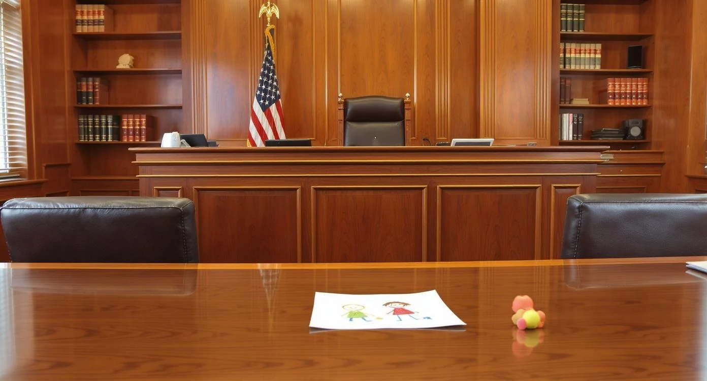 Professional family court scene with attorneys and clients