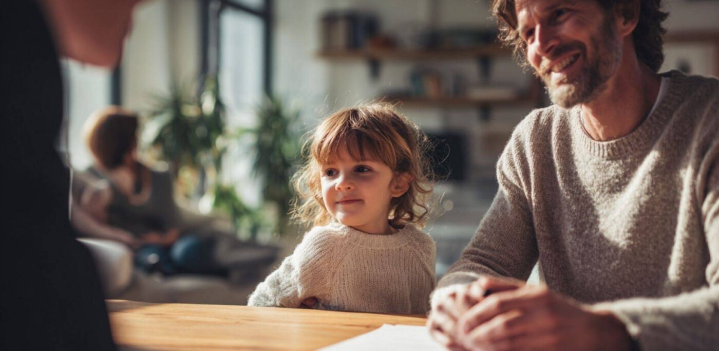 Family law attorney discussing adoption process with a parent and young child during an adoption consultation.