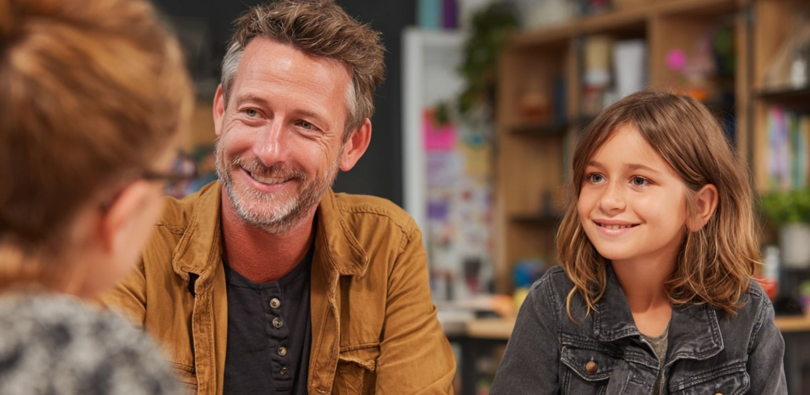 family adoption lawyer Florida. Parent and child meeting with school staff early in the adoption process to discuss support and educational needs.