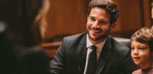 Lawyer meeting with family in courtroom during Guardian ad Litem services, smiling attorney supporting child and parents