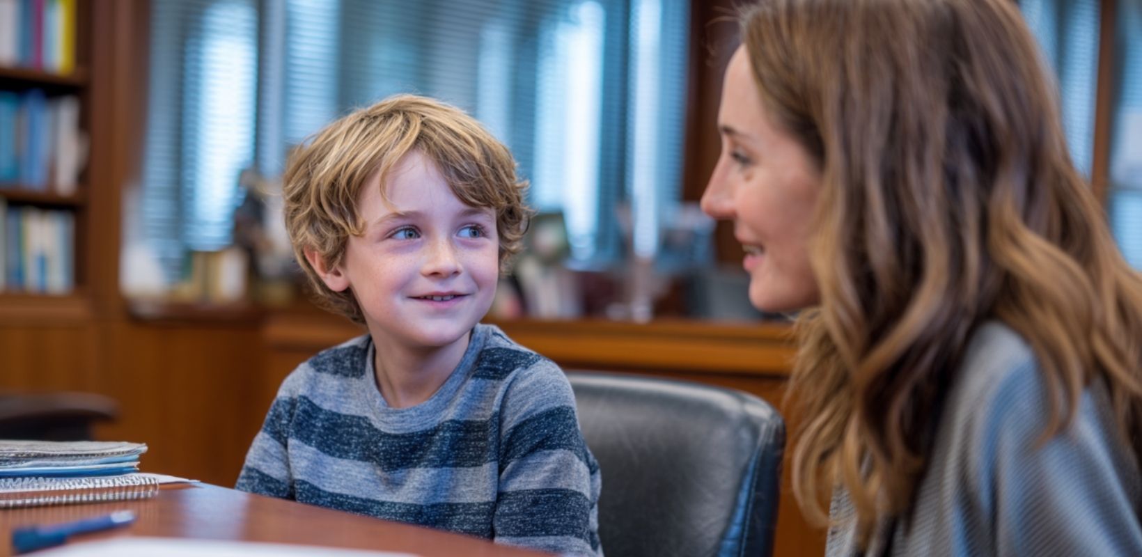 GAL Attorneys. Guardian ad litem lawyer offering reassurance to a child during a juvenile dependency case, supporting the child’s best interests.