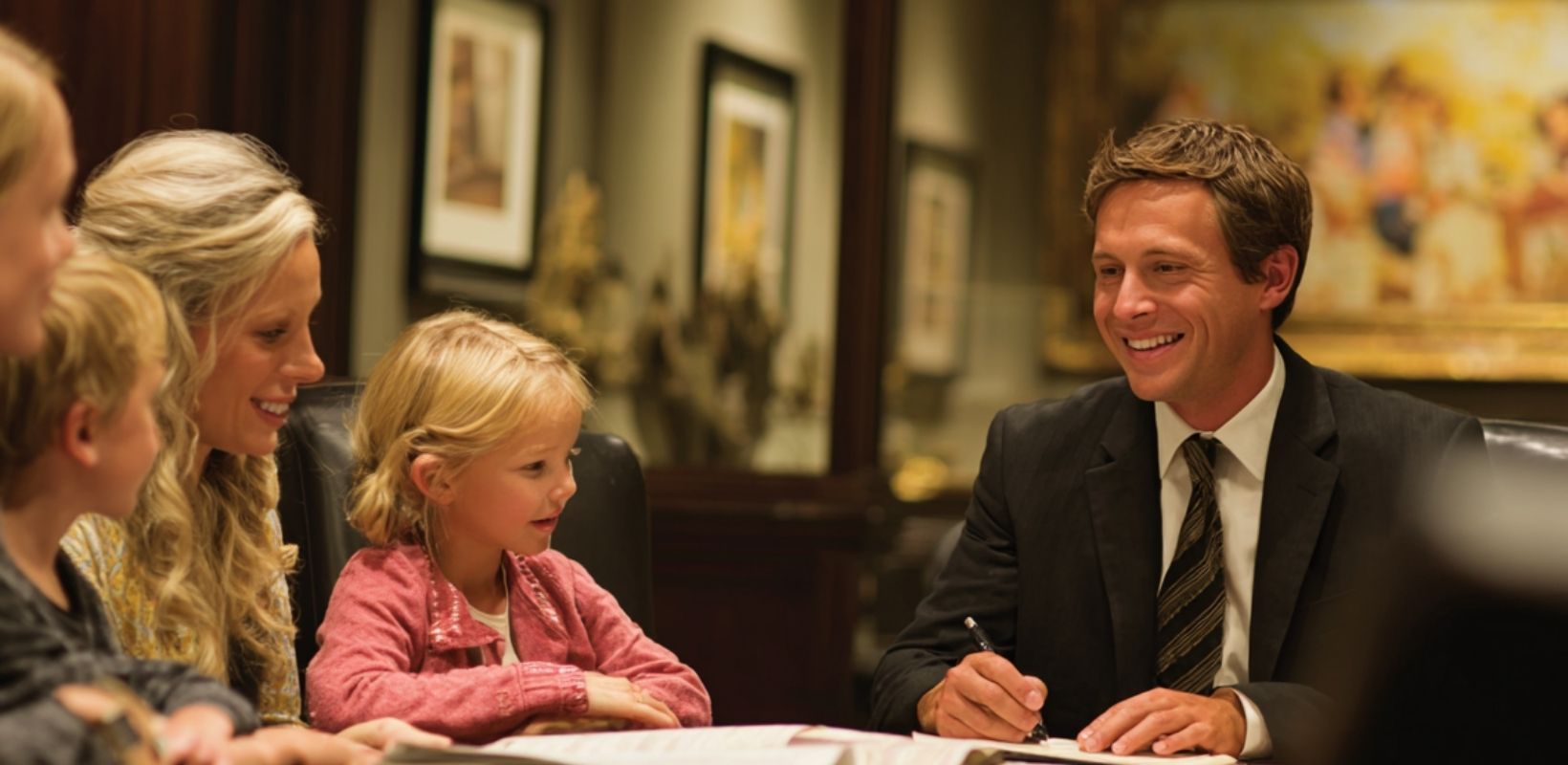 Guardian ad Litem lawyer consulting with family in office, discussing child advocacy and court services