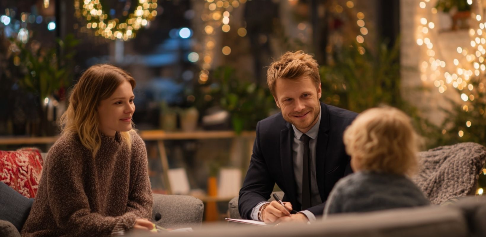Family meeting with juvenile dependency lawyer during winter break in an office decorated for Christmas.