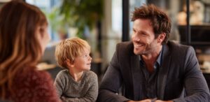 Stepparent Adoption Family law attorney meeting with a child and guardian to discuss adoption, custody, or complex legal steps in a family law case.