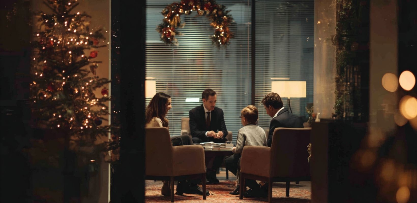 Juvenile dependency lawyer meeting with a family during the holiday season in a warm Christmas-decorated office.