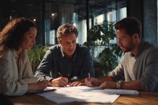 A parenting plan lawyer in Riverview FL meeting with two clients at a table, reviewing documents in a modern office with natural light.